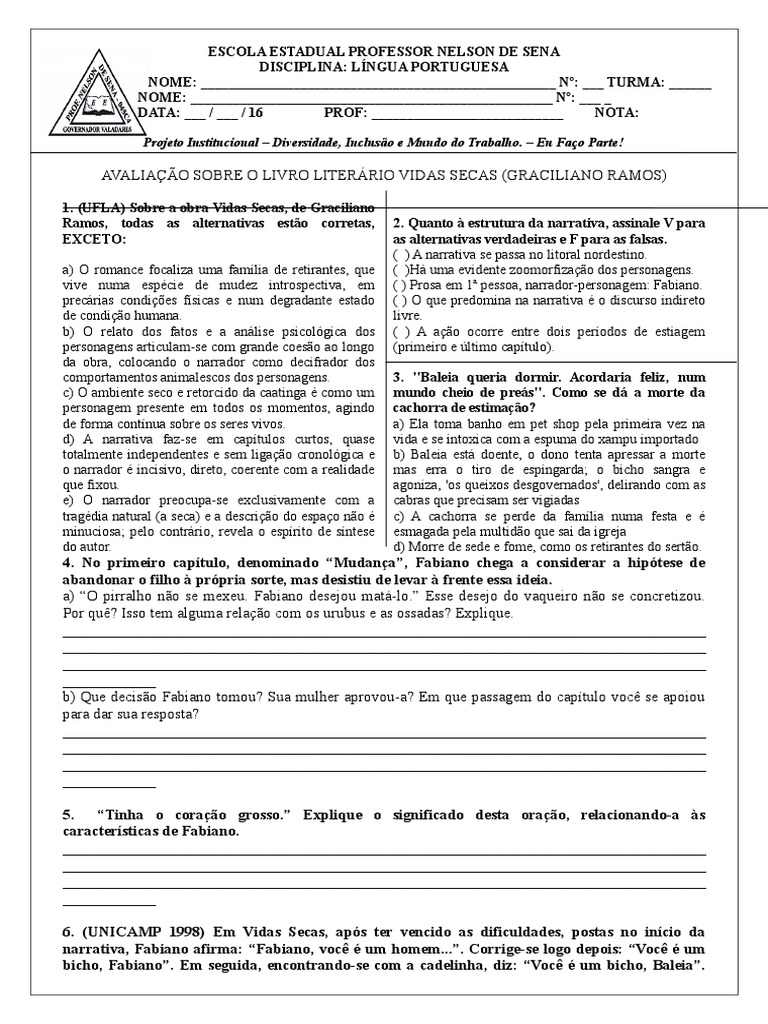 Avaliação de Vidas Secas: Atividades e Questões | PDF