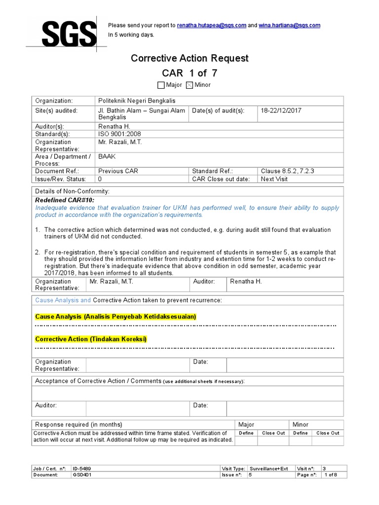 Corrective Action Request CAR 1 of 7 | PDF | Iso 9000 | Quality