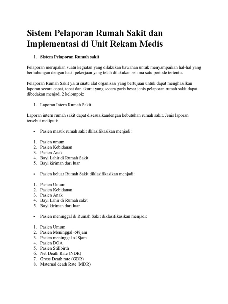 Sistem Pelaporan Rumah Sakit Dan Implementasi Di Unit Rekam Medis