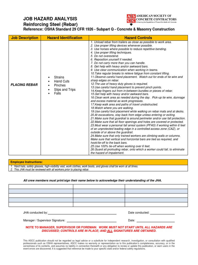 Job Hazard Analysis Reinforcing Steel (Rebar) Reference