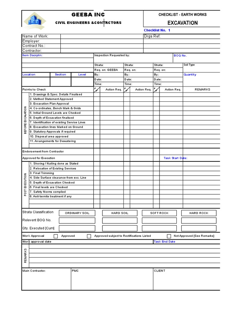 Earthworks Excavation Checklist FPM-221 | PDF | Business | Nature