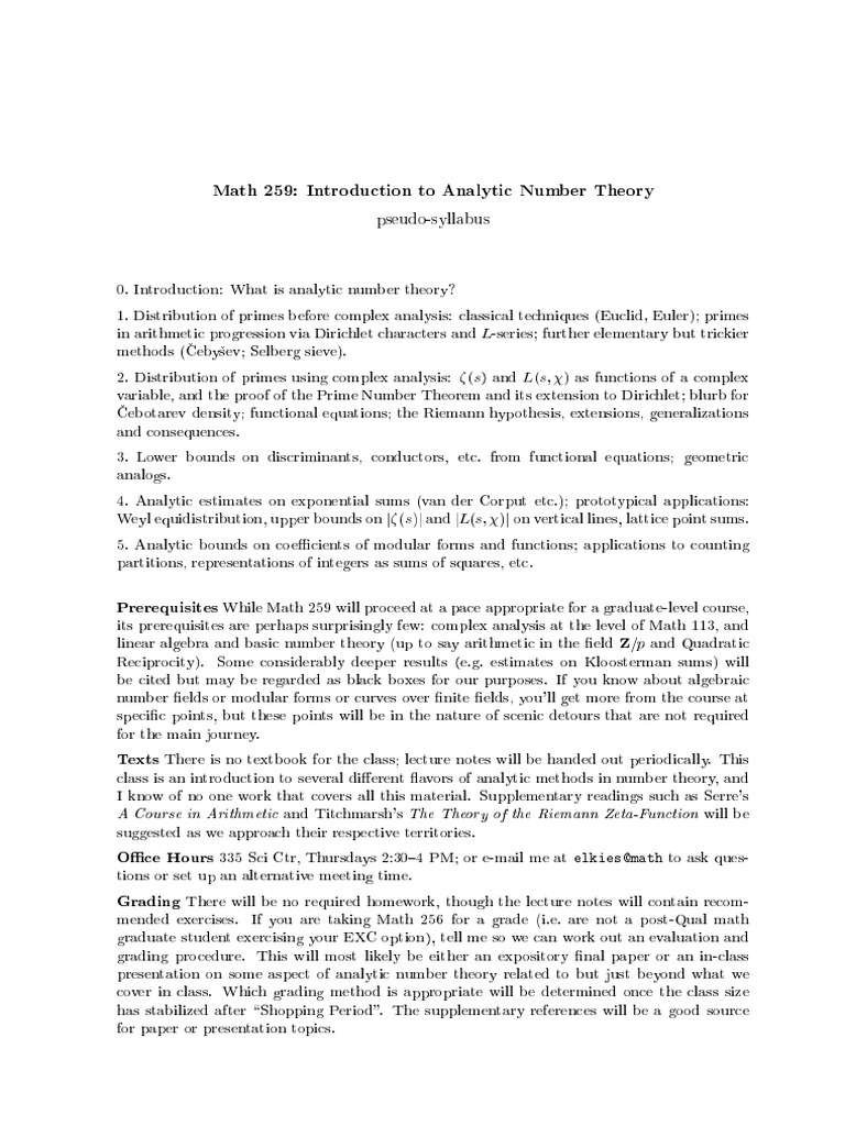 Elkies N.D. Lectures On Analytic Number Theory (Math259, Harvard, 1998