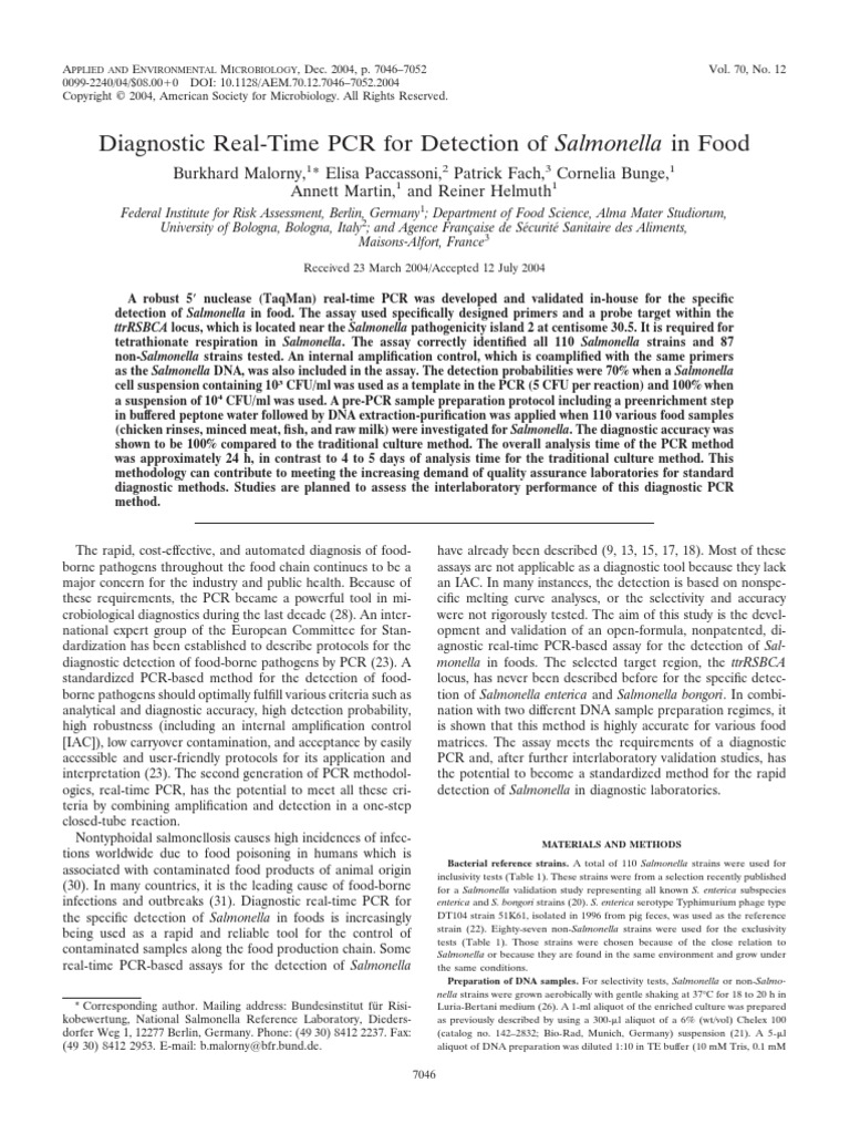 Diagnostic Real-Time PCR For Detection of Salmonella in Food PDF | PDF ...
