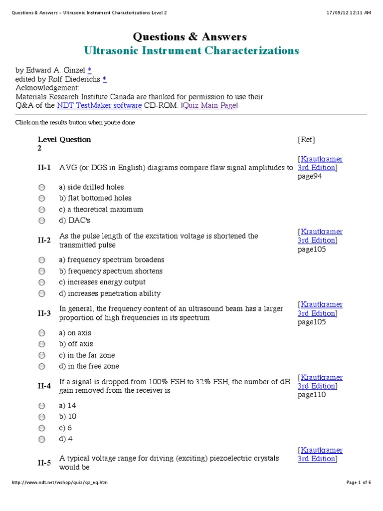 Questions & Answers Ultrasonic Instrument Characterizations Level 2