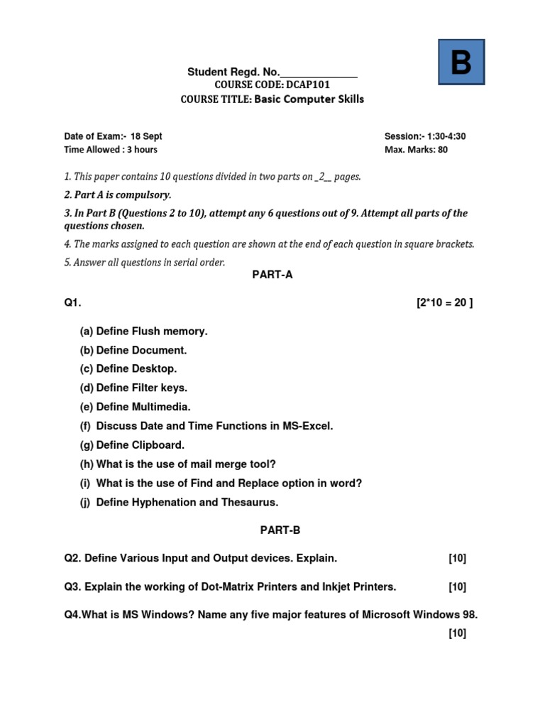 Basic Computer Skills Exam: Questions Covering Key Concepts in MS ...