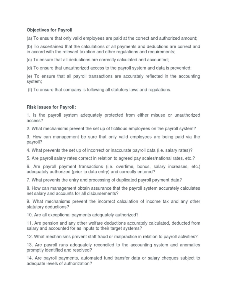 Objectives For Payroll Audit PDF Payroll Salary