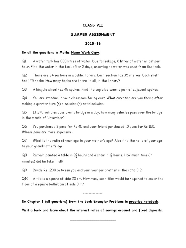 Class 6 Maths Summer Assignment | PDF | Teaching Methods & Materials ...