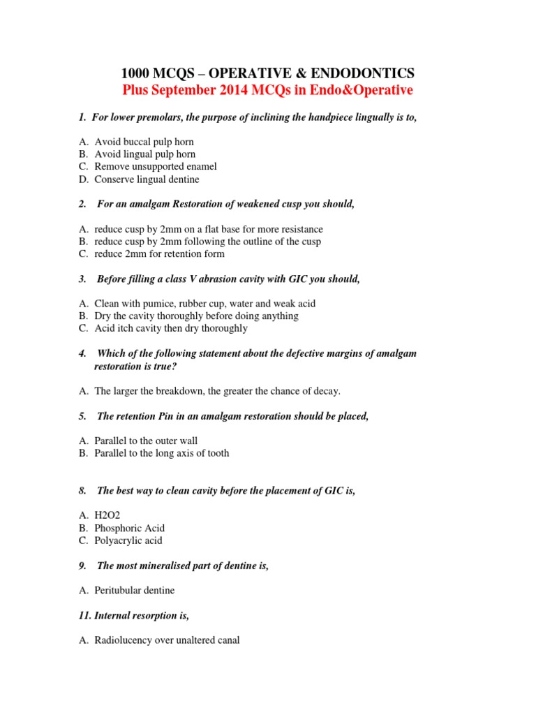 1000 Mcqs Operative & Endodontics Plus September 2014 Mcqs PDF