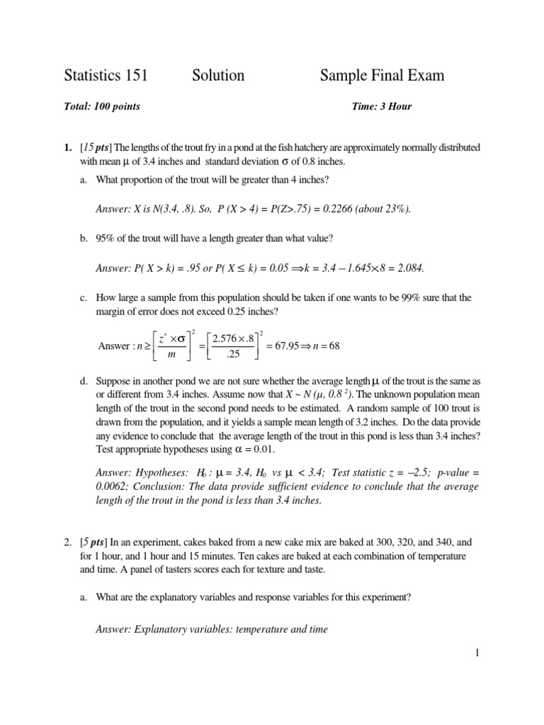 Statistics 151 Solution Sample Final Exam: Total: 100 Points Time: 3 ...