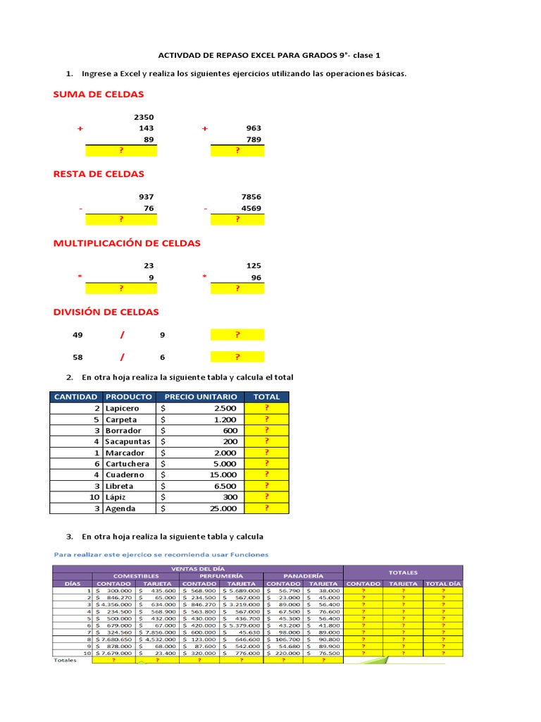 Ejercicios de Excel para 9° Grado | PDF