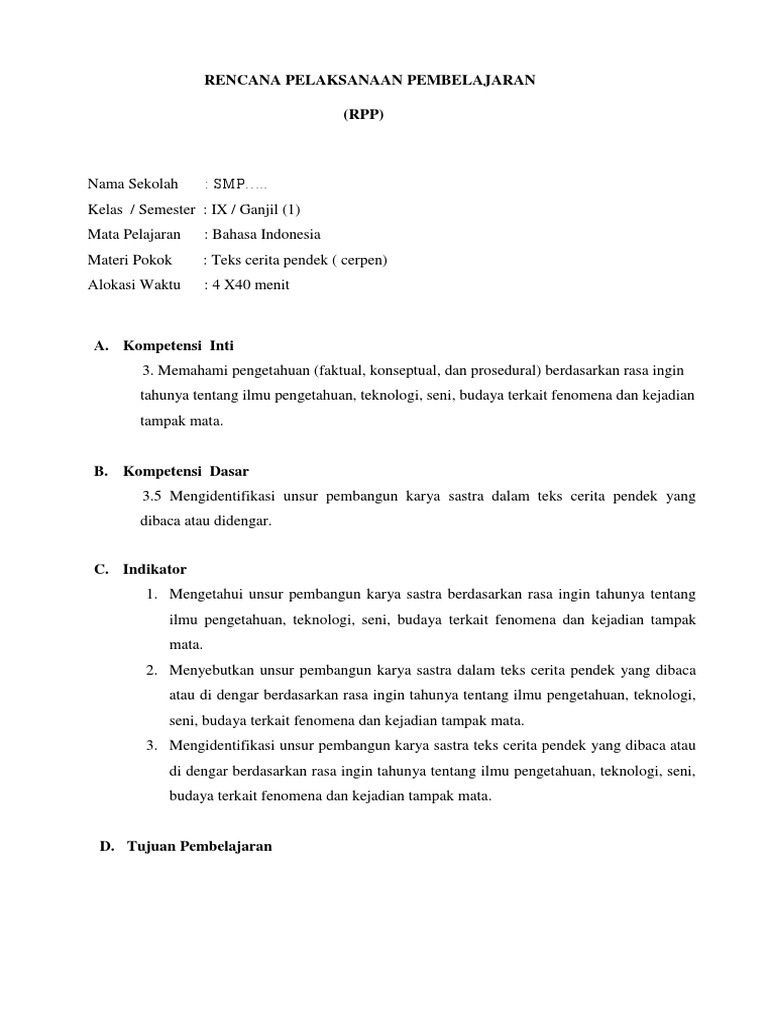 Rpp Kurtilas Kelas Ix Teks Cerpen Revisi