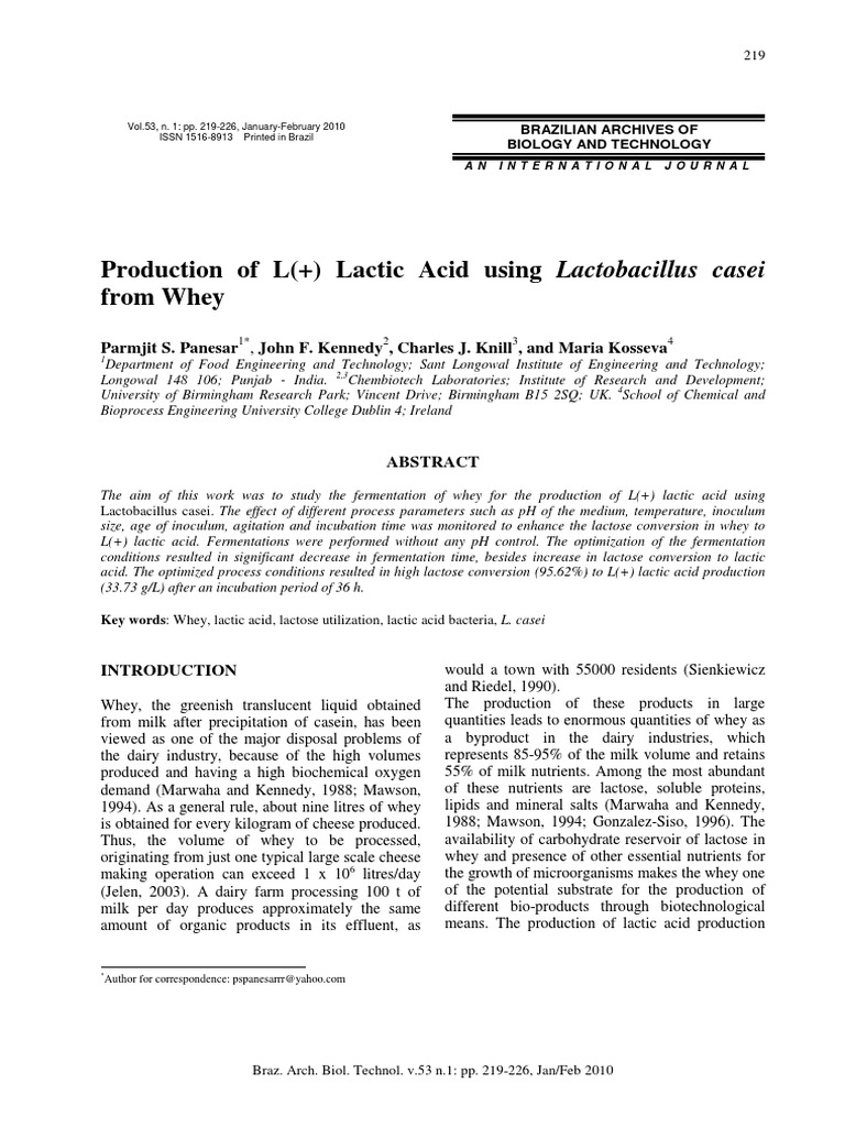 Production of L (+) Lactic Acid Using Lactobacillus Casei From Whey ...