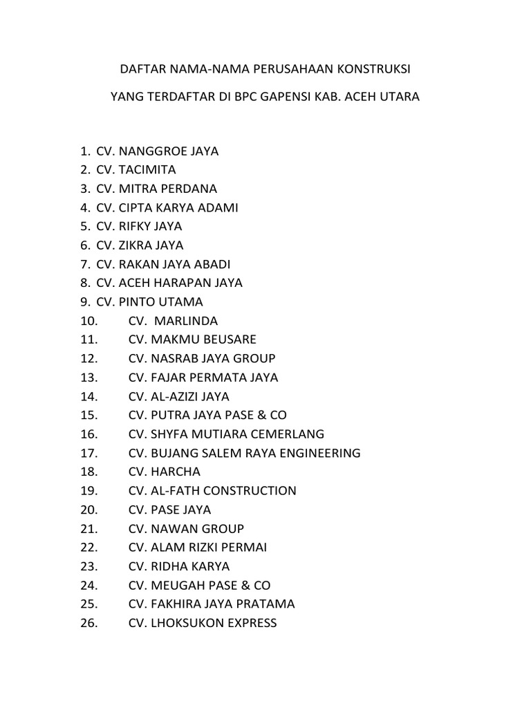Daftar Nama Nama Cv