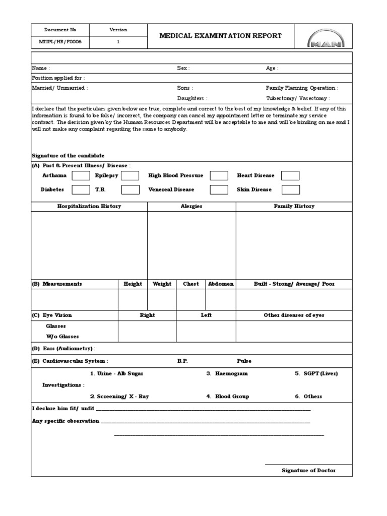 Medical Examintation Report: Document No MTIPL/HR/F0006 1 | PDF ...