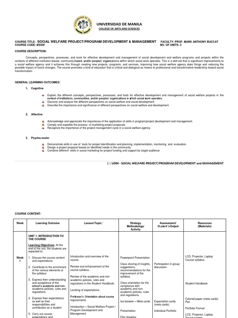 Social Welfare Project, Program Development and Management (1 ...