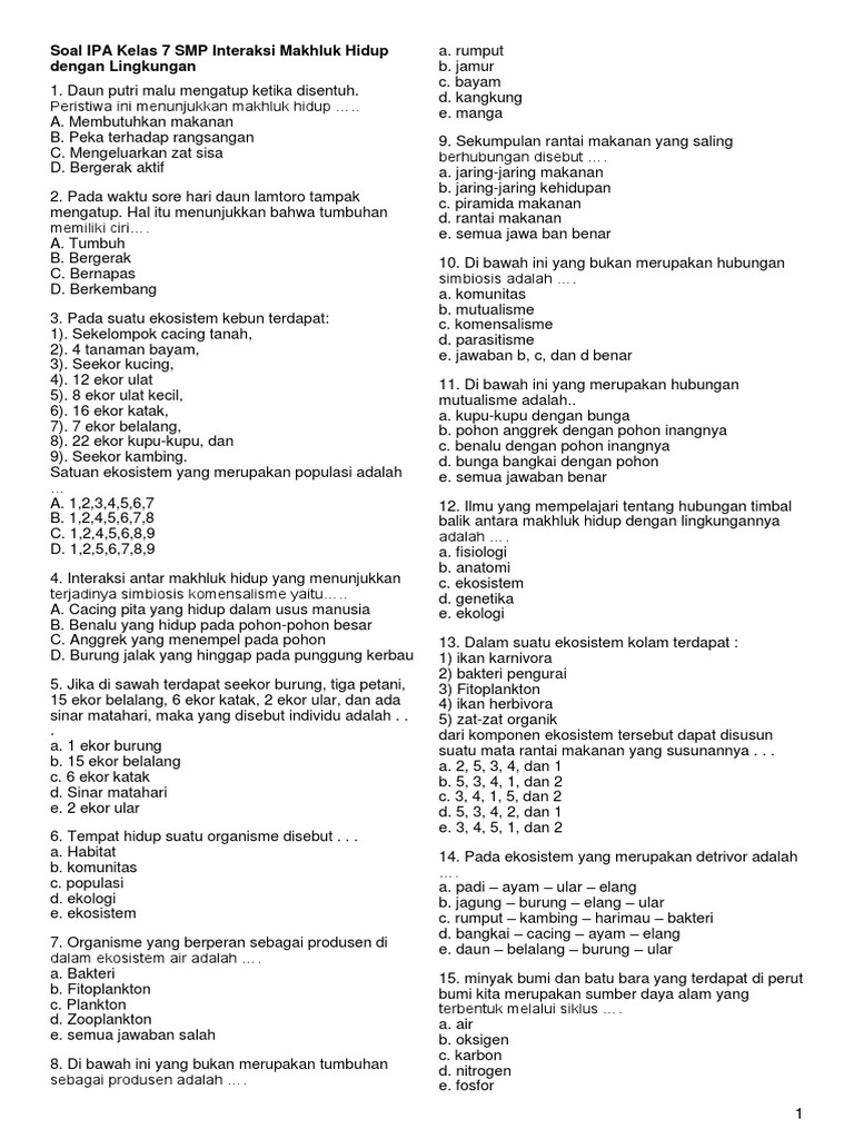 Soal Ipa Kelas 7 Smp Interaksi Makhluk Hidup Dengan Lingkungan Murid