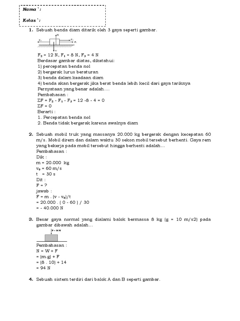 Dinamika Partikel 20 Soal Jawaban Kelas X