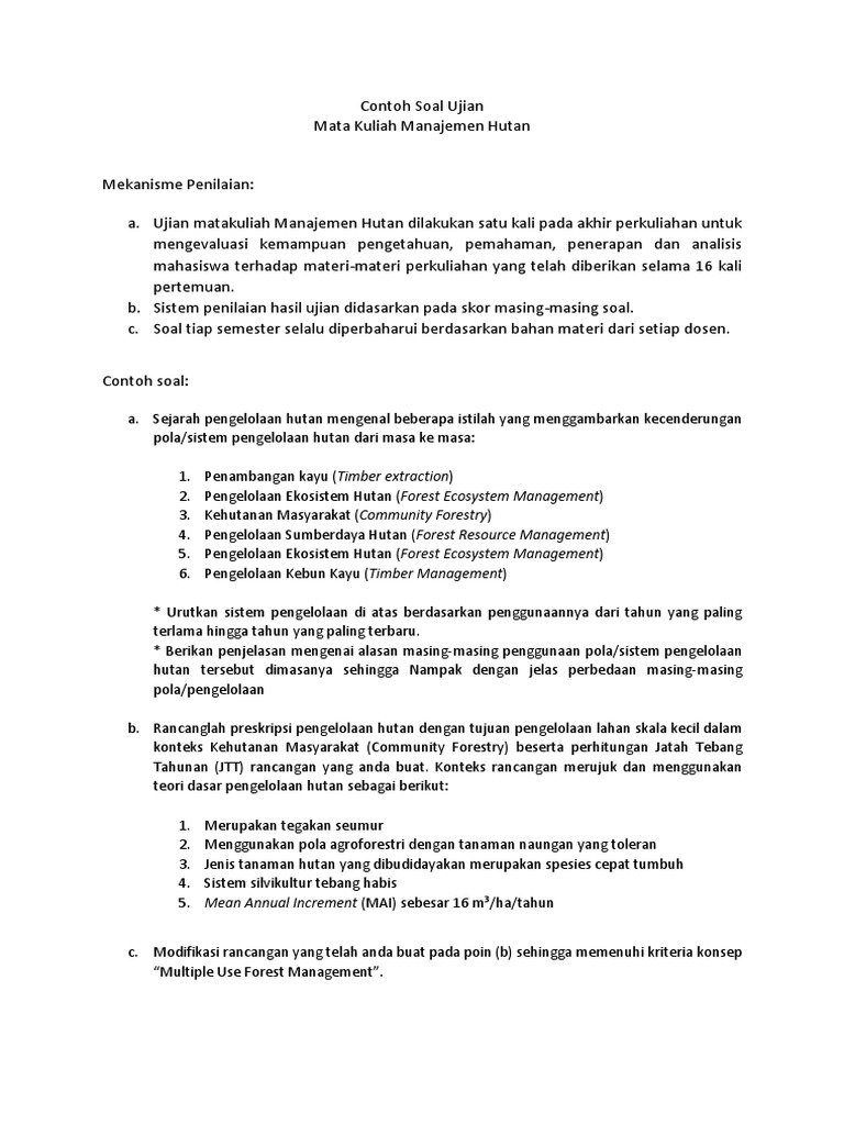 Contoh Soal Ujian Manajemen Hutan