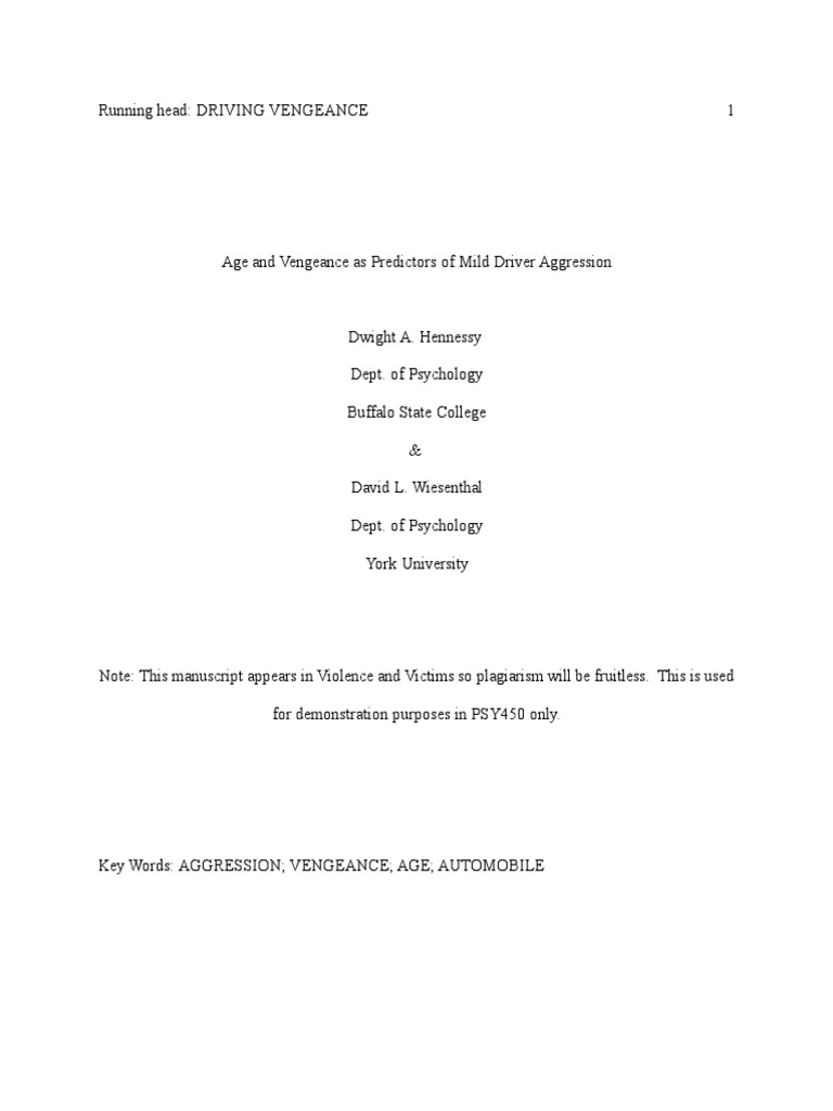 Example Manuscript in APA Format Aggression Attitude (Psychology