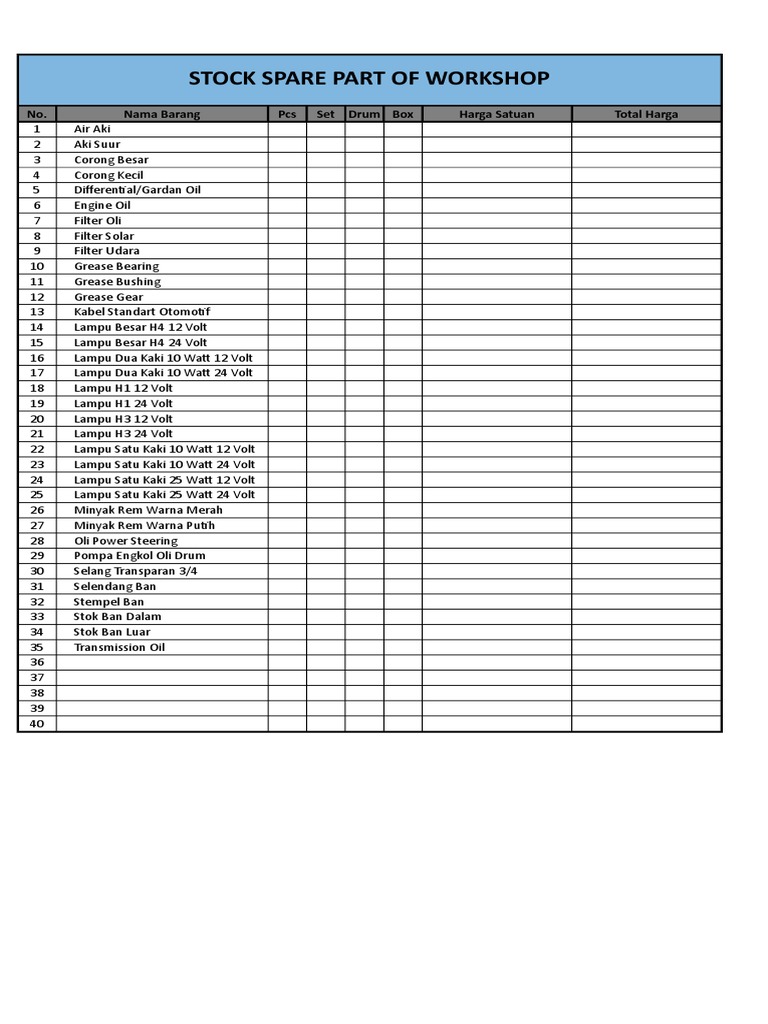 Stock Spare Part of Workshop: No. Nama Barang Pcs Set Drum Box Harga ...