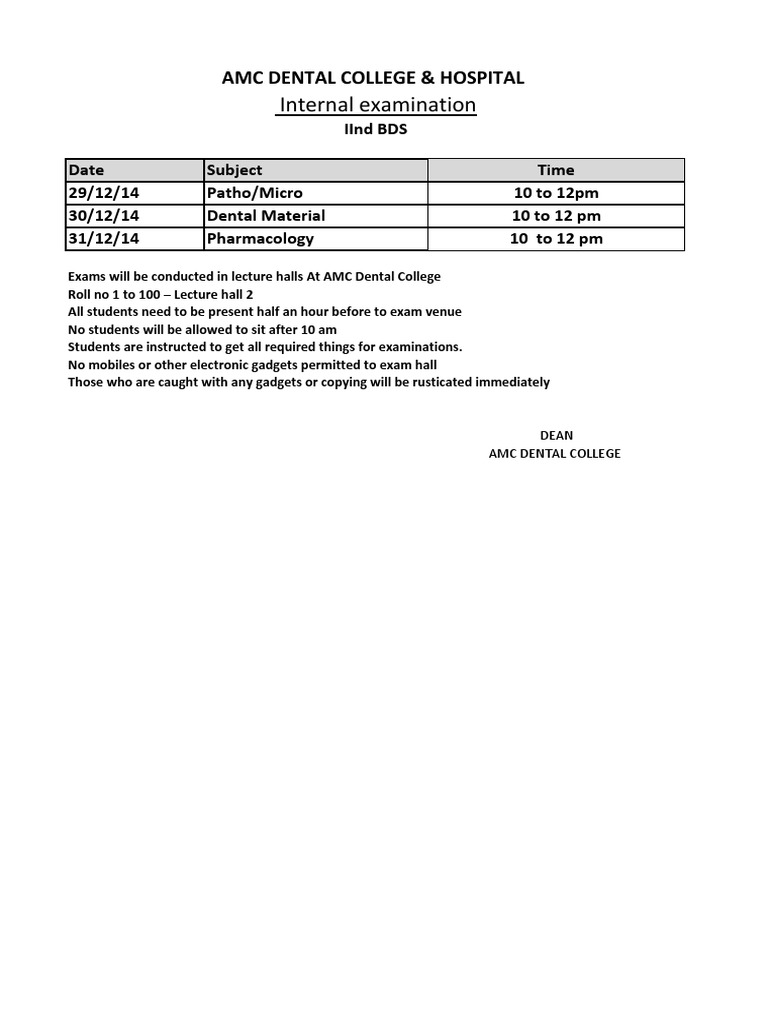 IInd BDS Internal Exam Schedule | PDF