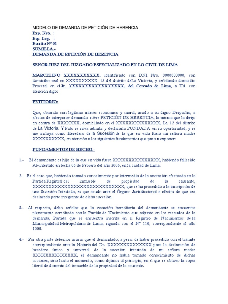 Modelo de Demanda de Petición de Herencia | PDF | Herencia | Demanda  judicial