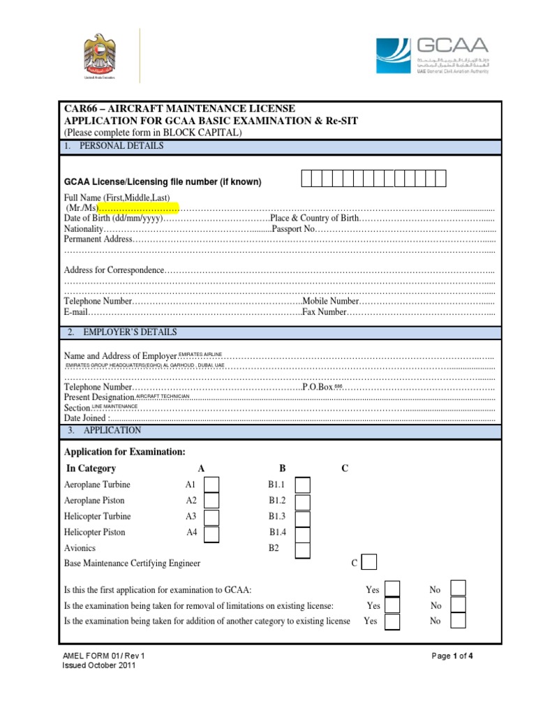GCAA AMEL Exam Application Form | PDF | Airplane | Gas Turbine