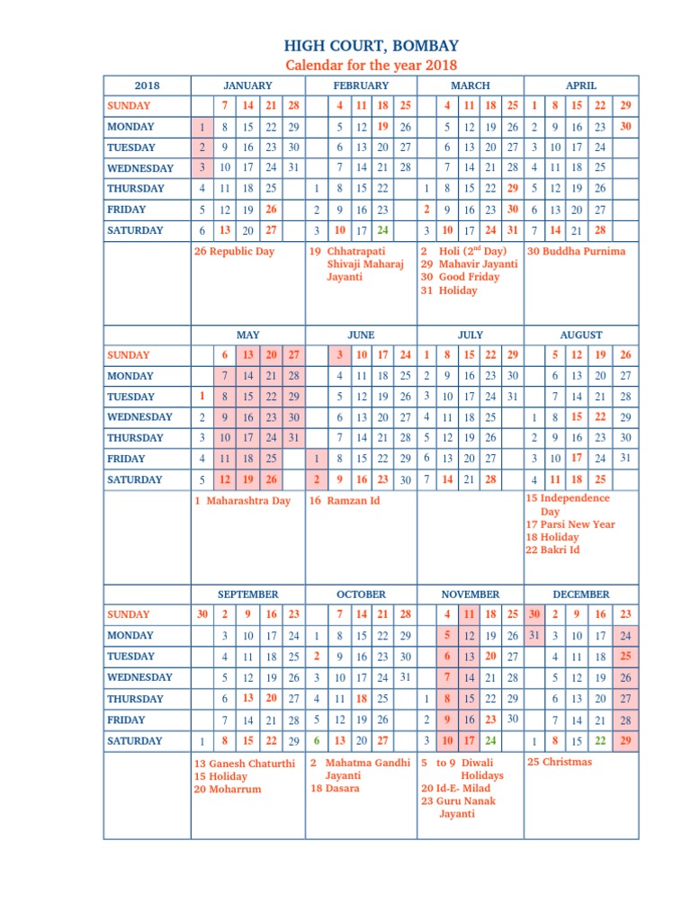 Bombay High Court Calendar 2025 