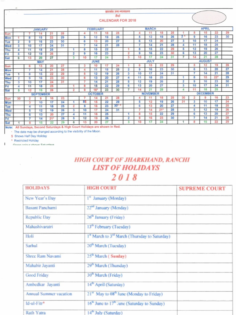 Jharkhand High Court Calendar 2025 Pdf 