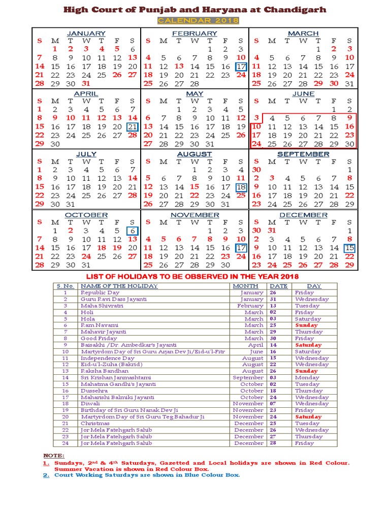 Punjab and Haryana High Court Calendar, 2018 PDF South Asia Punjab