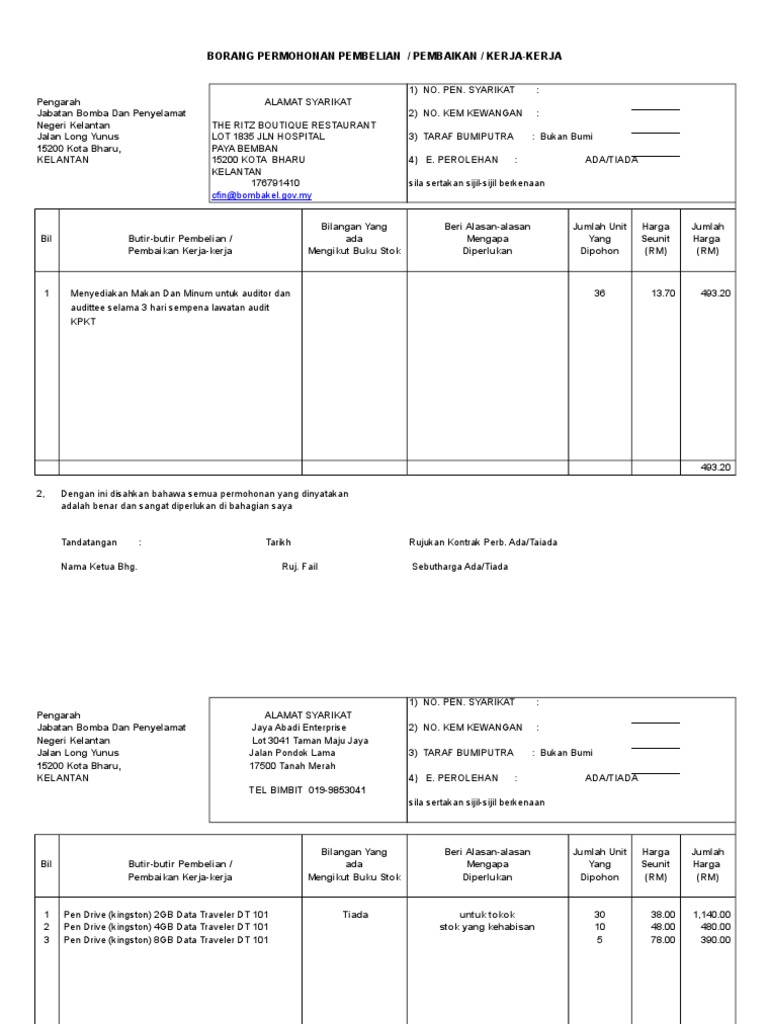 Borang Pembelian Pembaikan Kerja | PDF