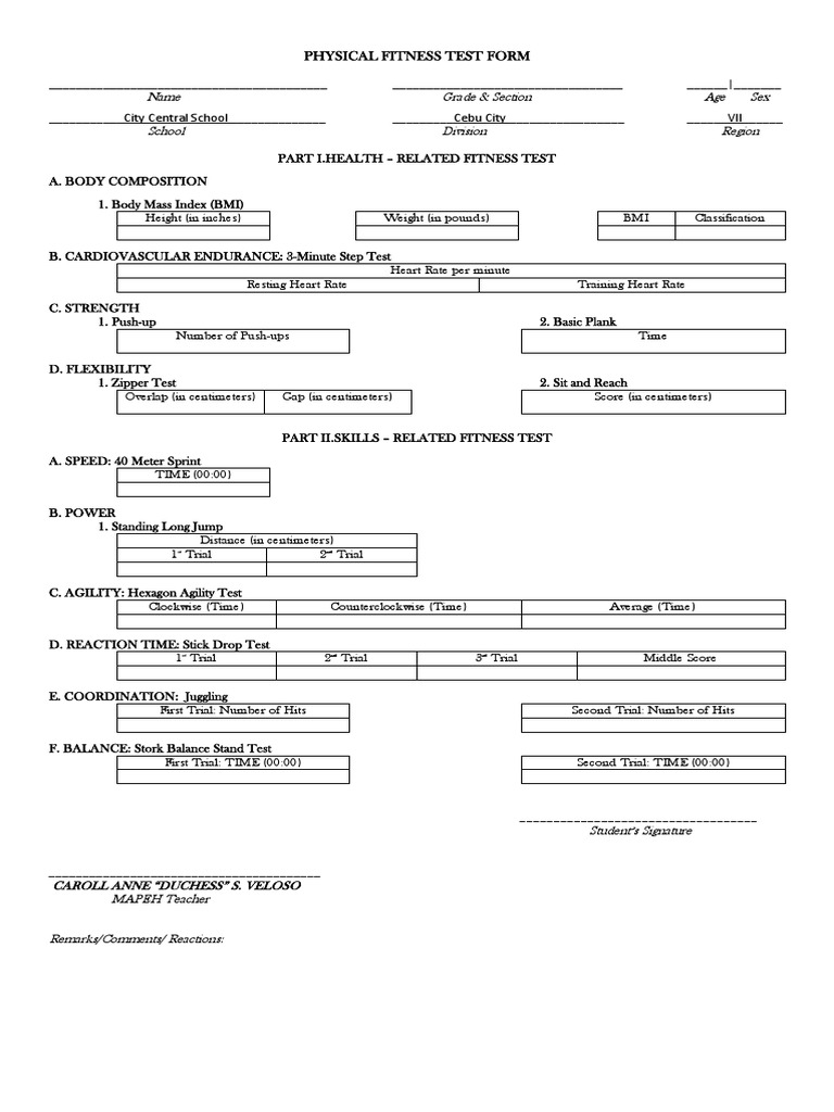 Physical Fitness Test Scorecard | PDF | Physical Fitness | Test ...