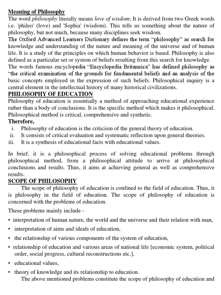 Philosophy; Meaning & Scope Philosophy Of Education Epistemology