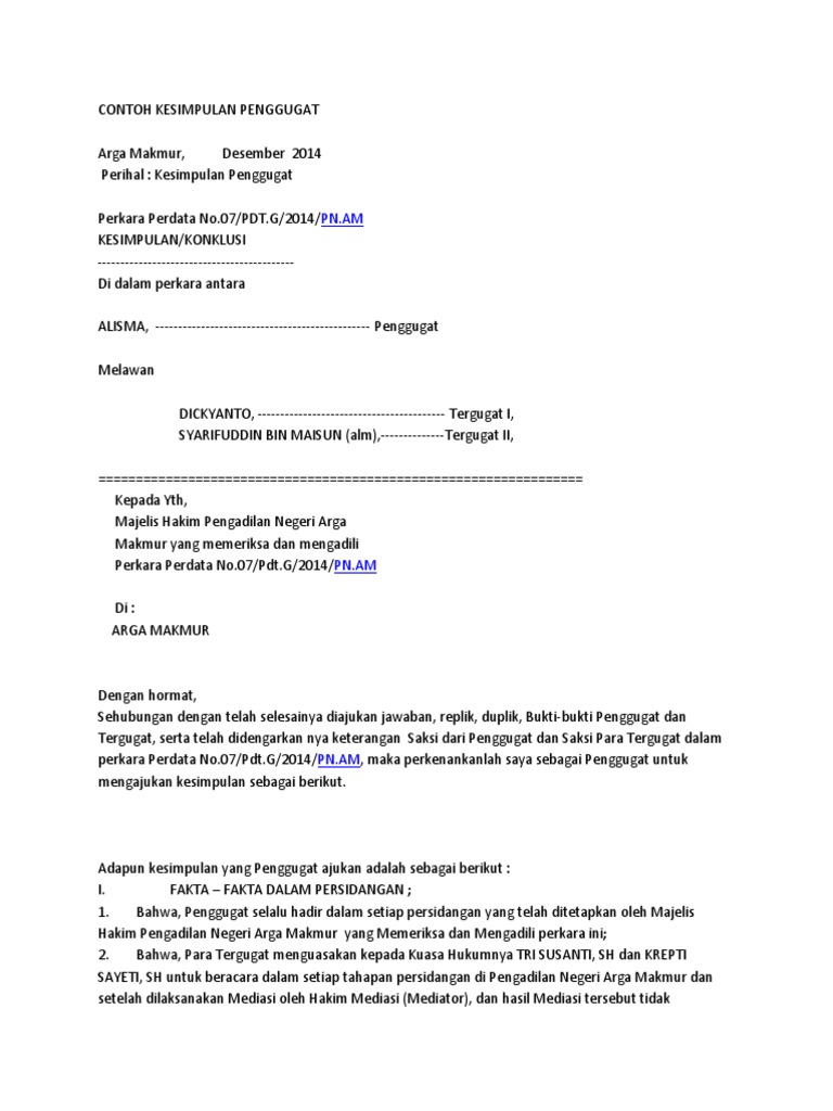 Contoh Kesimpulan Penggugat