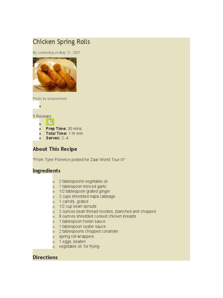 Easy Chicken Spring Rolls Recipe | PDF | Foods | Cuisine