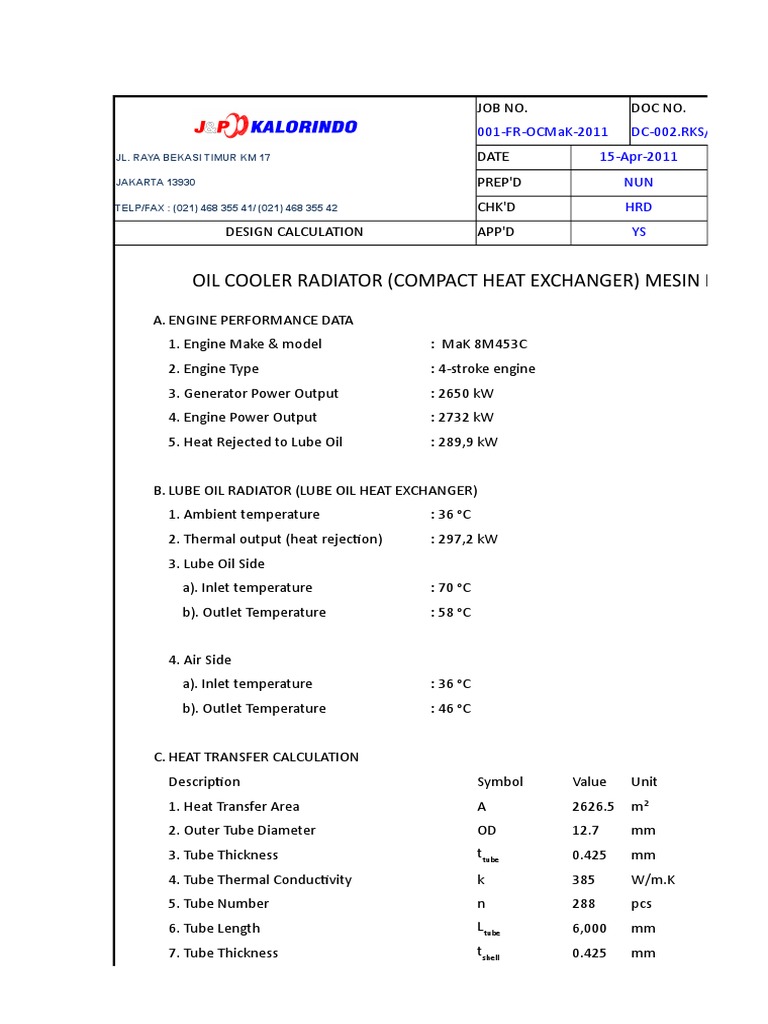 Design Calculation for an Oil Cooler Radiator Heat Exchanger