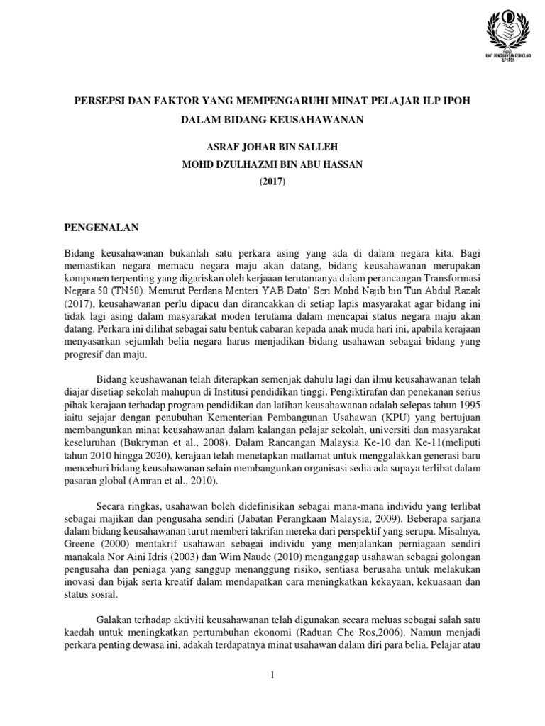 Artikel Mini Research Persepsi Dan Faktor Yang Mempengaruhi Minat Pelajar Ilp Ipoh Dalam Bidang Keusahawanan Pdf