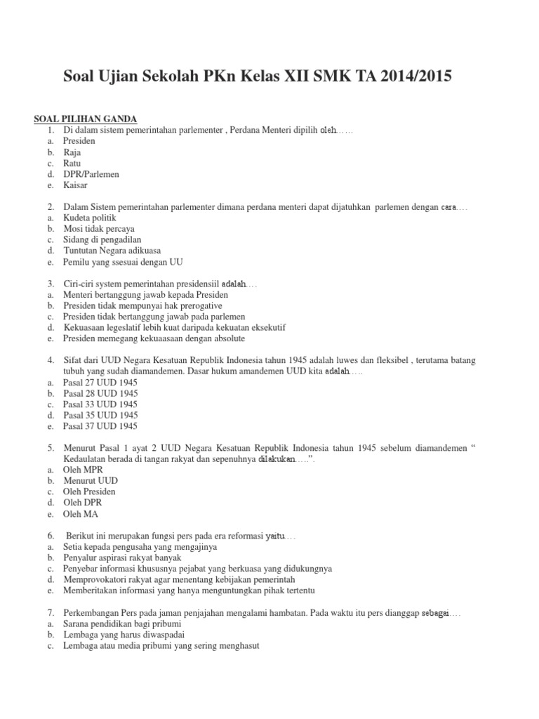 Soal Ujian Sekolah Pkn Kelas Xii Smk Ta 2014
