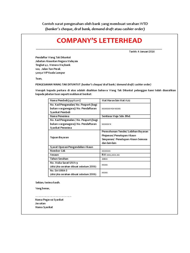 Contoh Surat Pengesahan Bank Draf Bankers Cheque 2016  PDF