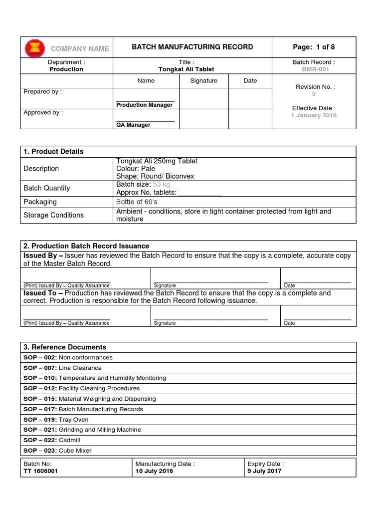 ASEAN TMHS GMP Training Chapter 5 Annex 5 Sample Batch Manufacturing ...