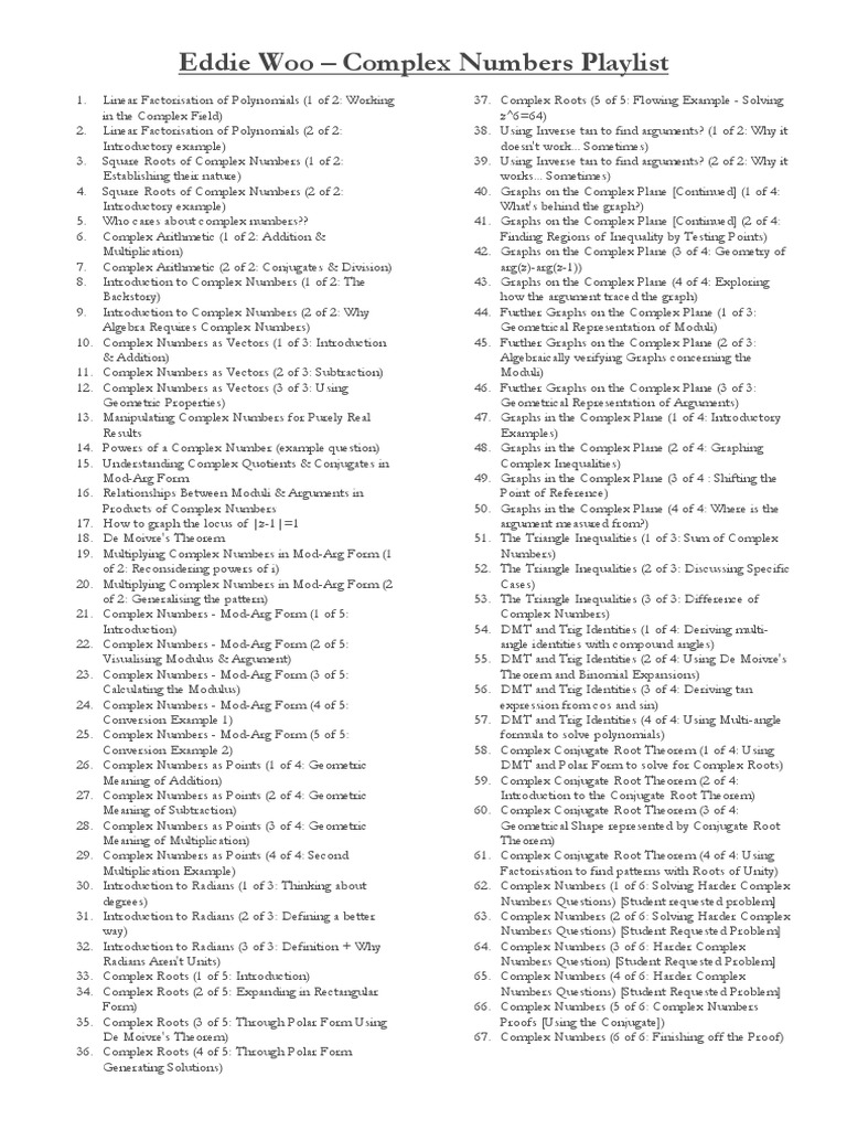 Eddie Woo - Complex Numbers Playlist | PDF | Complex Number | Factorization