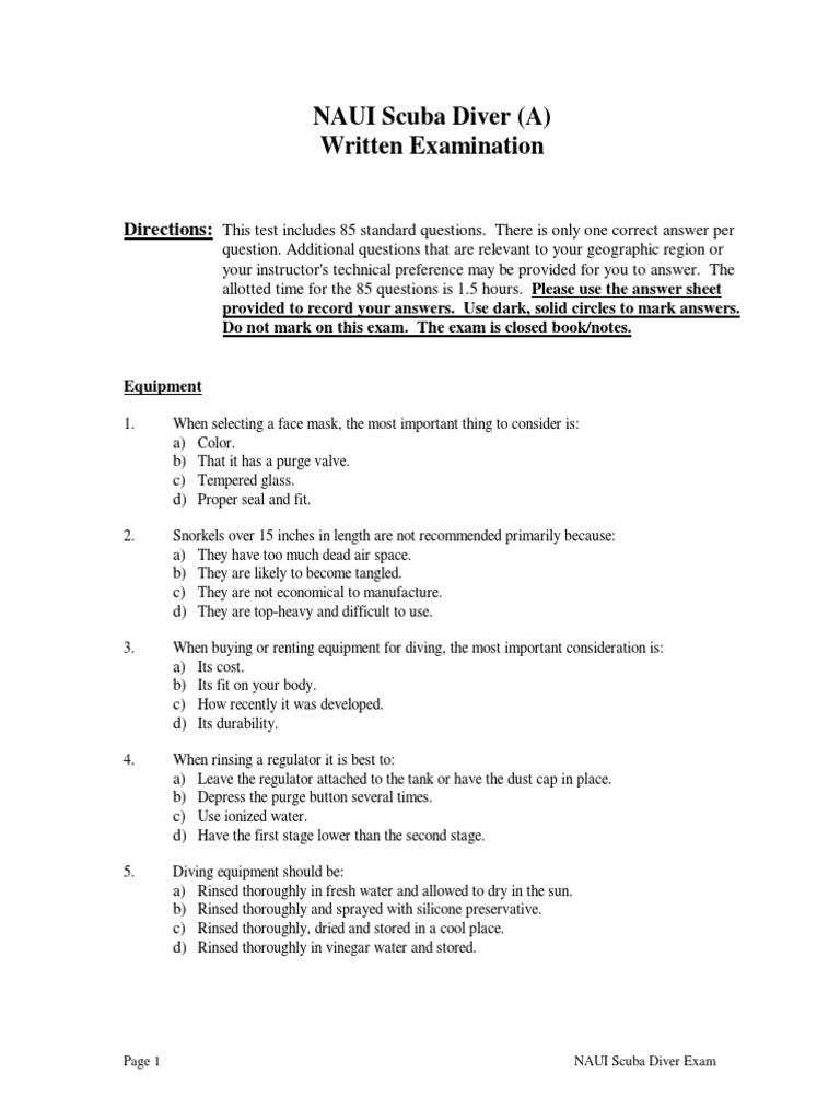 Scuba Diver Exam A Scuba Diving Breathing