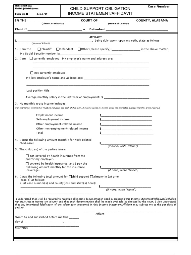 Alabama Child Support Income Affidavit | PDF | Affidavit | Gross Income