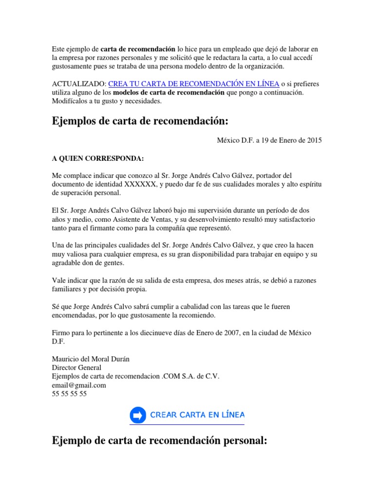 Este Ejemplo de Carta de Recomendación Lo Hice Para Un Empleado Que
