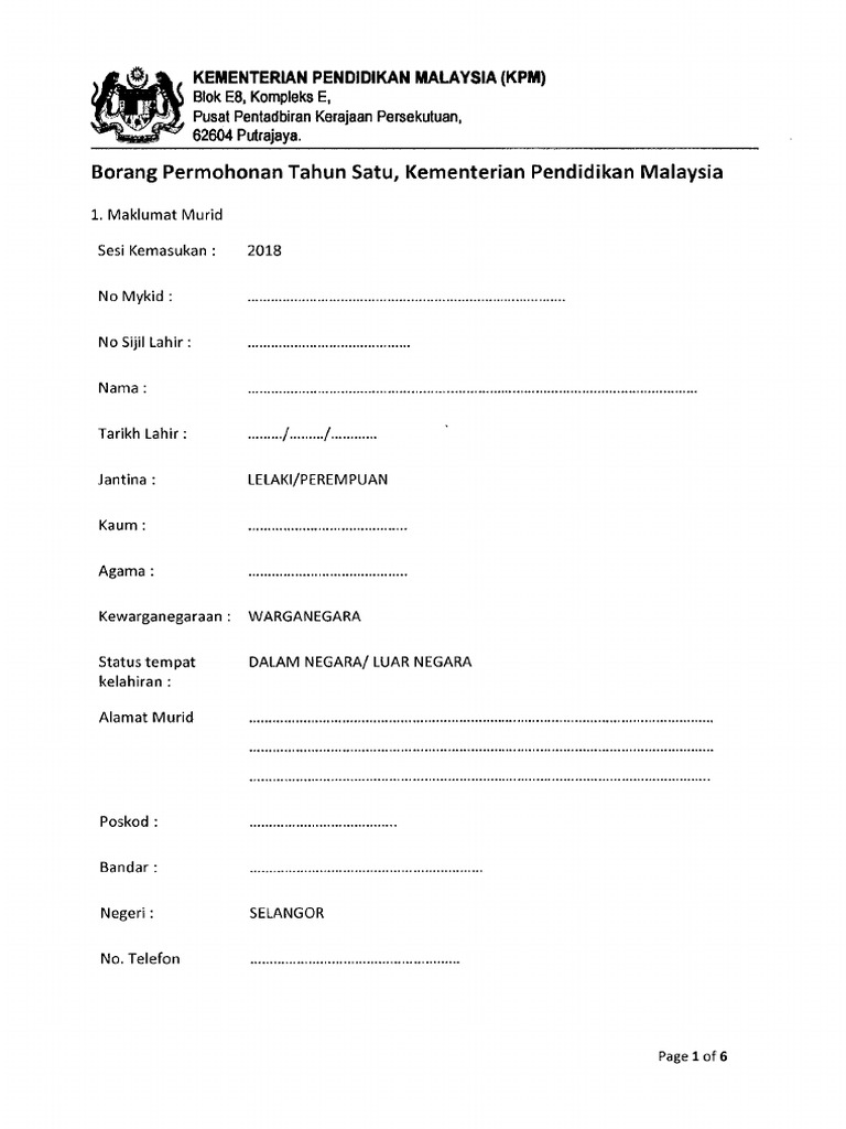 Borang Daftar Lewat Tahun 1 2018 Pdf