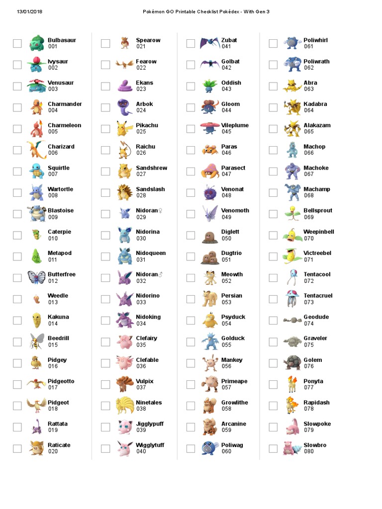Pokemon Go Printable Checklist Pokedex With Gen 3 Pokemon Nintendo Franchises