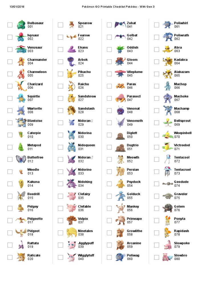 Pokémon Go Printable Checklist Pokédex With Gen 3 Pdf Pokémon Nintendo Franchises