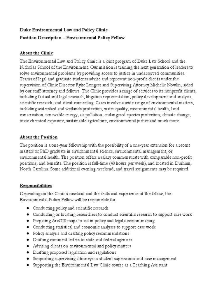 Job Description Environmental Policy Fellow Pdf Environmental