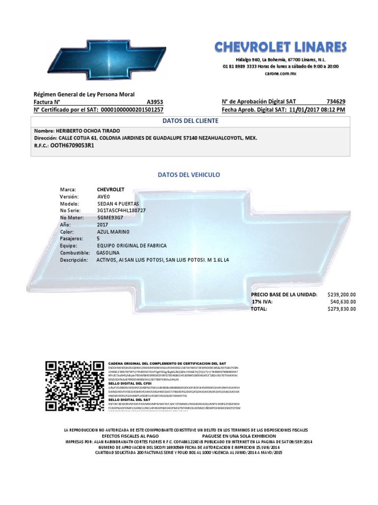 Factura Chevrolet Aveo PDF Industria automotriz Transporte