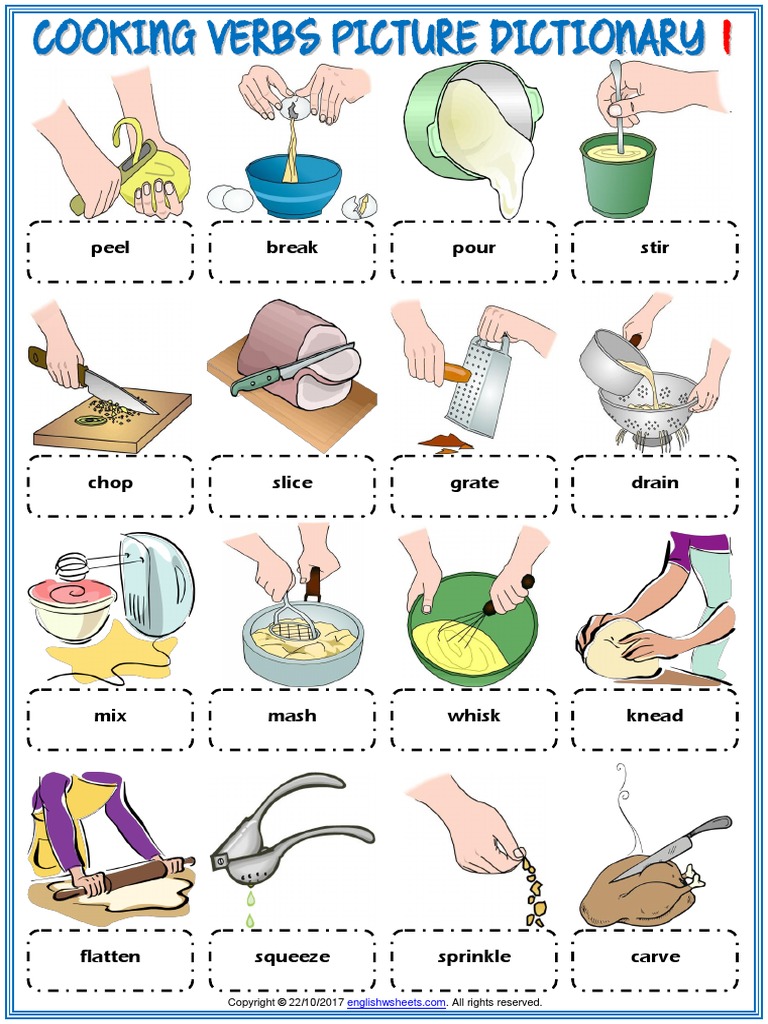 Learn Cooking Verbs In English Eslbuzz Learning English Cooking Verbs Esl Vocabulary Matching